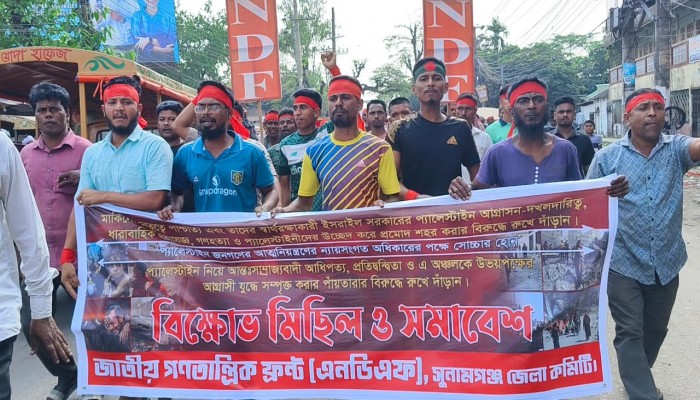 ইসরাইলি আগ্রাসনের প্রতিবাদে এনডিএফ’র বিক্ষোভ ইসরাইলি আগ্রাসনের প্রতিবাদে এনডিএফ’র বিক্ষোভ