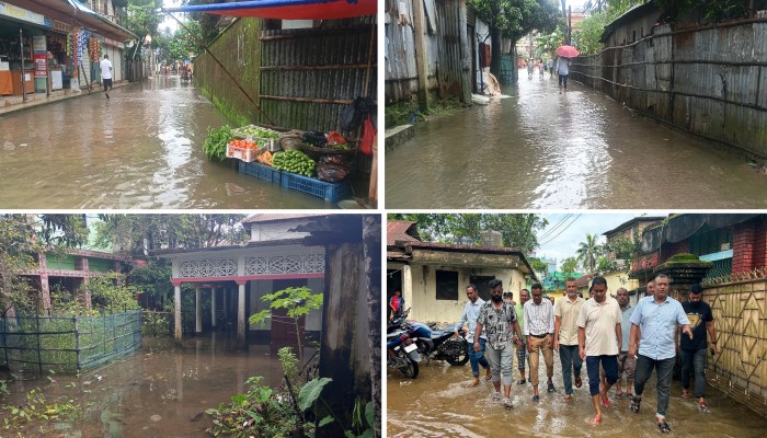 টানা বৃষ্টিতে জলাবদ্ধতা, দুর্ভোগে পৌরবাসী, জলাবদ্ধ এলাকা পরিদর্শনে সংসদ সদস্য ও পৌর প্রশাসক